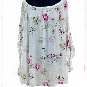 FEVER Light Beige & Pink Floral Rayon Blouse M, Long & Sleeves W/Ruffle Trim NWT
